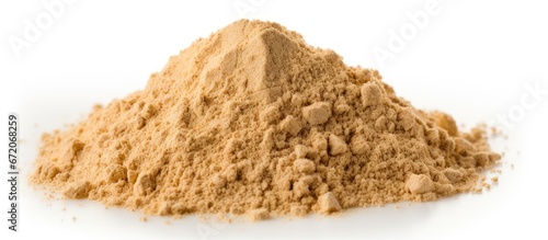 Sawdust from wood specifically wood powder is shown on a background that is completely white