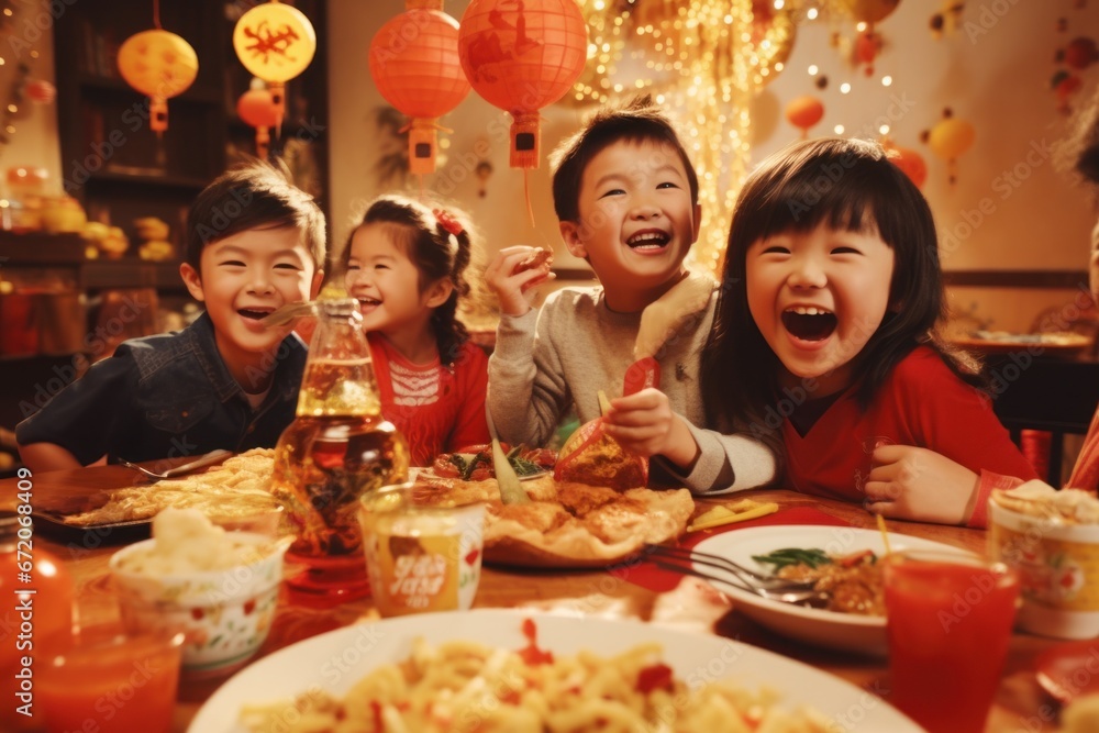 happy Chinese children at the holiday table. Chinese New Year