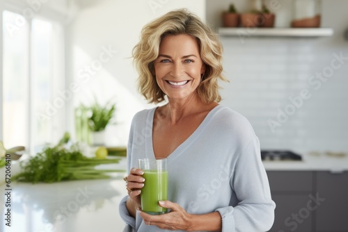 Healthy senior mature woman smiling while holding some green juice. photo