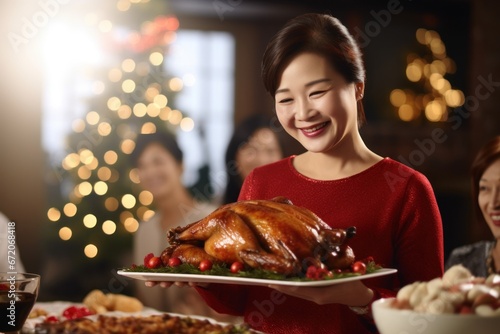 Chinese woman with a tray of roast duck on Chinese New Year's Day photo