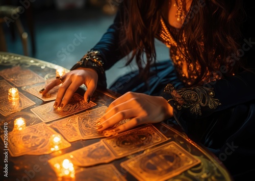 A close-up shot of a woman's hands, adorned with intricate henna patterns, holding a deck of tarot