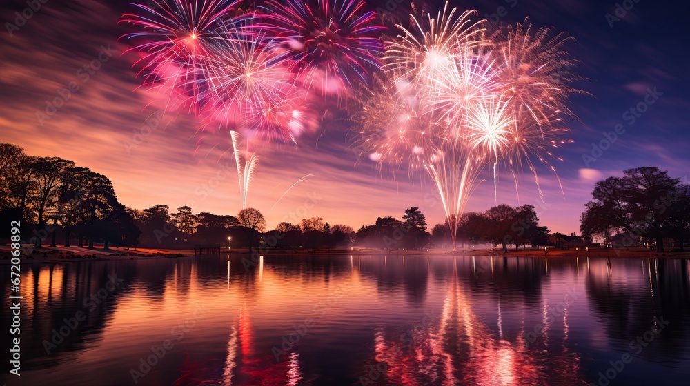 Fototapeta premium Spectacular fireworks display over snowy city on Christmas night