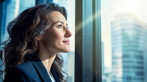 Businesswoman in blazer gazing at cityscape through skyscraper window.