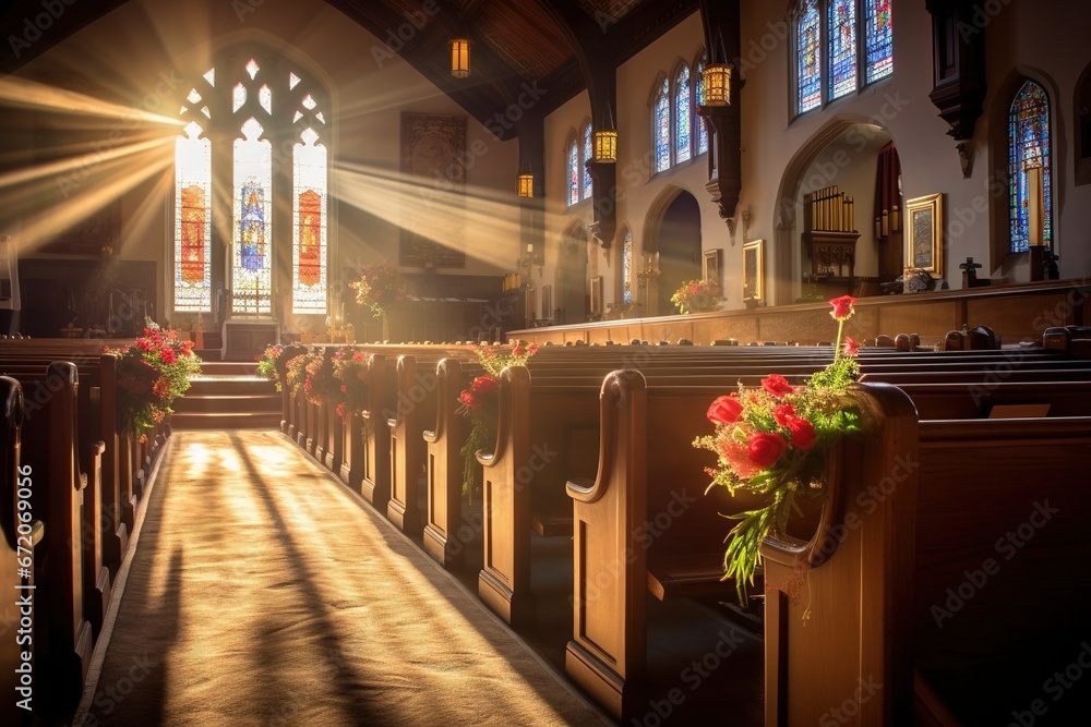 Fototapeta premium Interior of a church with a lot of flowers in the foreground.Funeral concept