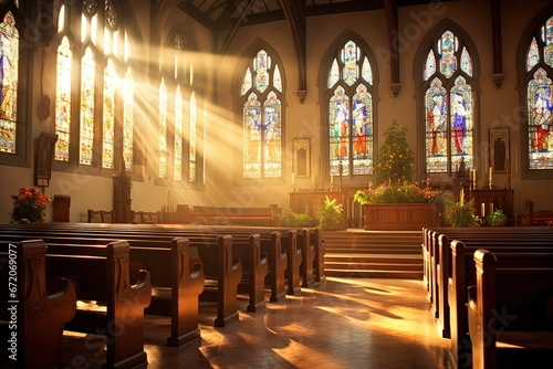 Interior of a church with a lot of flowers in the foreground.Funeral concept