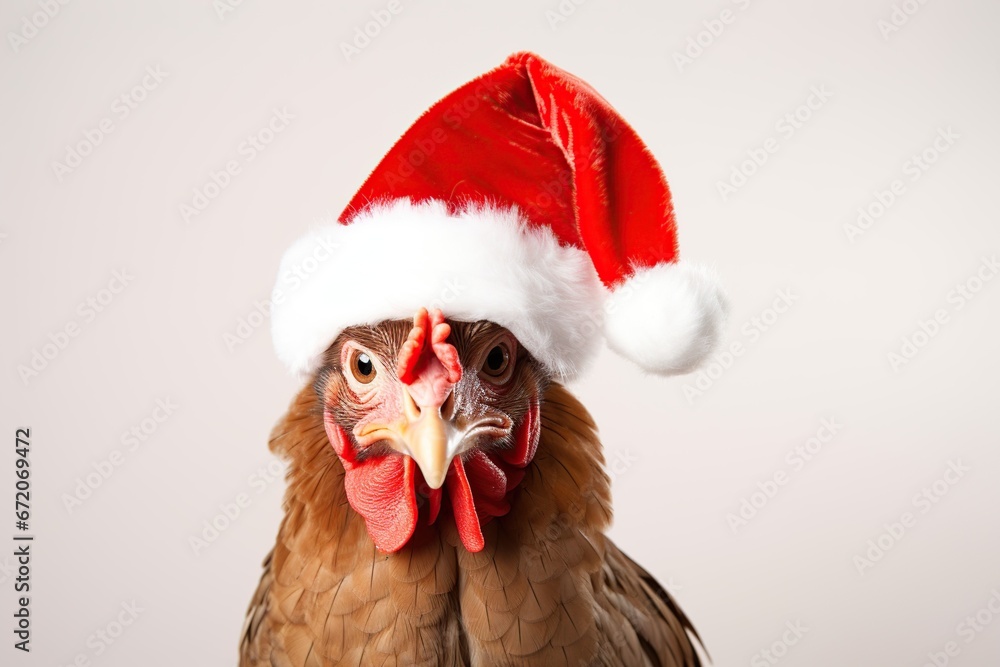 Portrait of a turkey wearing a santa hat in christmas celebrations  - obrazy, fototapety, plakaty 