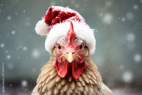 Portrait of a turkey wearing a santa hat in christmas celebrations 