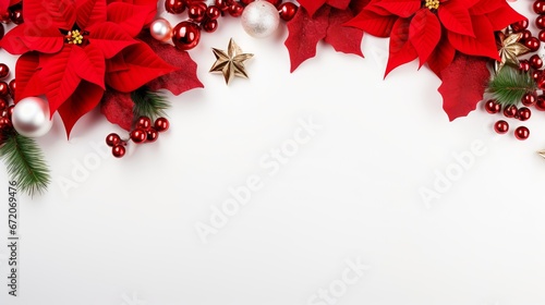 Red and green Christmas frame with poinsettia  pine  and berries with copy space on white background