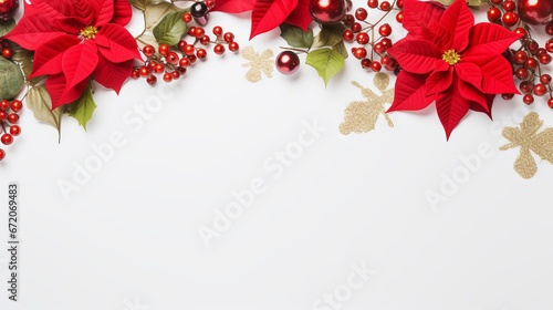 Red and green Christmas frame with poinsettia, pine, and berries with copy space on white background