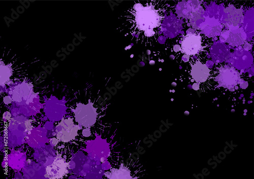 Black background decorated with drops and scattering of purple. Created with the Paint Brush tool in a graphics program.