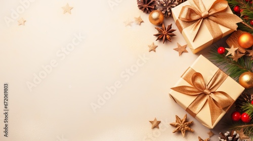 Golden gift box with red ribbon and Christmas cookies on light gold background, festive banner with copy space