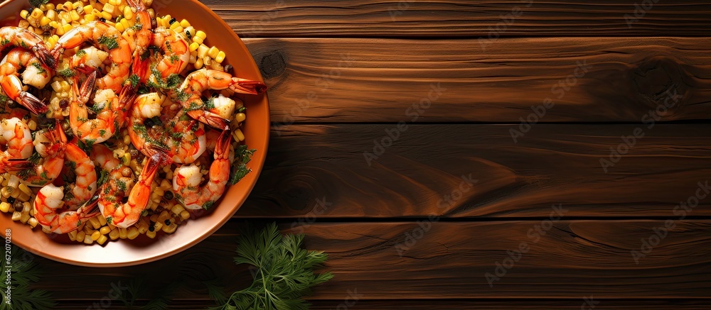 A plate on a wooden table holds warm shrimp corn garlic and herbs giving off a delicious aroma A plate on a wooden table holds warm shrimp corn garlic and herbs giving off a delicious aroma