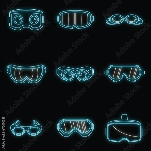 Goggles ski glass mask icons set. Simple illustration of 9 goggles ski glass mask vector icons neon color on black