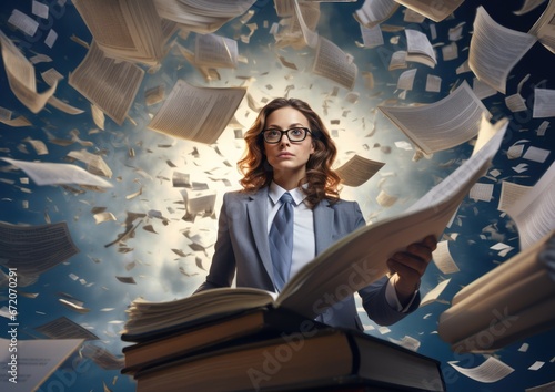 A surrealistic image of a paralegal surrounded by floating legal documents. The camera angle is photo