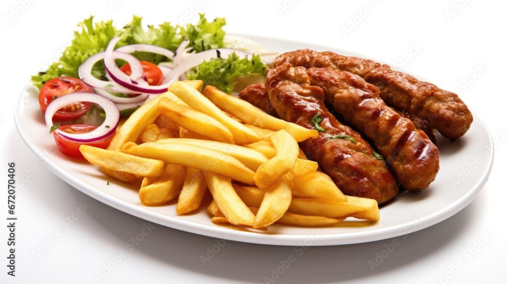 A white plate topped with fries, kofte and sauce, traditional Turkish dish. A white plate topped with fries, kofte and sauce, traditional Turkish dish.