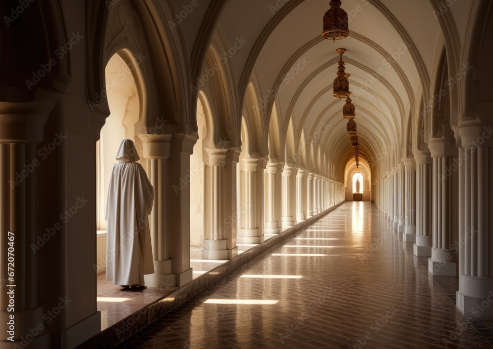 A wide-angle shot of a nun walking down a long corridor in a convent, captured from a low angle to