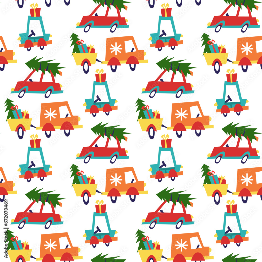 Obraz premium Seamless Christmas pattern with cars carrying Christmas tree and gifts. Multicolored geometric cars on a white. It can be used in the textile industry, paper production, background, scrapbooking.