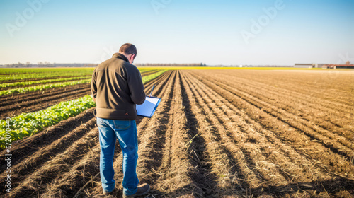 Farmer inspecting fast-growing plants in an open field. © XaMaps