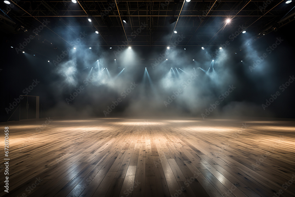 An empty stage for a performance in the rays of spotlights and clouds of smoke. Generated by artificial intelligence - obrazy, fototapety, plakaty 