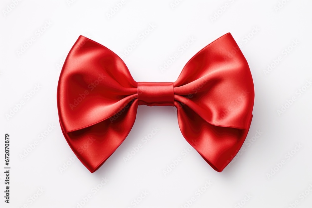 A red bow tie on a white surface