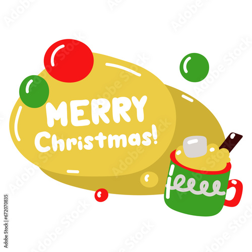 Vector conversational yellow ball with the inscription merry Christmas with a cocoa mug isolated on a white background. New Year's greetings. Design of a Christmas greeting card, banner, poster