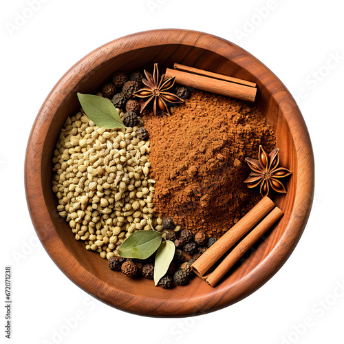 Top View of a Bowl of Ras el Hanout Spice Blend Isolated on Transparent or White Background, PNG