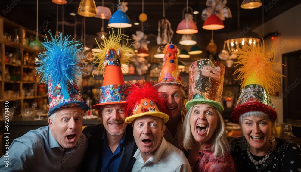 Photo of a Festive Gathering Under Colorful Headwear