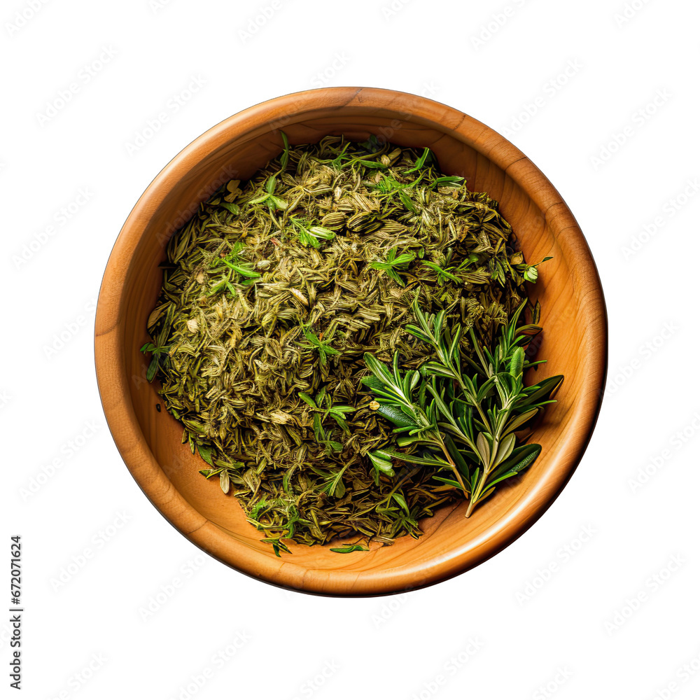 Top View of a Bowl of Herbes de Provence Isolated on Transparent or White Background, PNG Top View of a Bowl of Herbes de Provence Isolated on Transparent or White Background, PNG