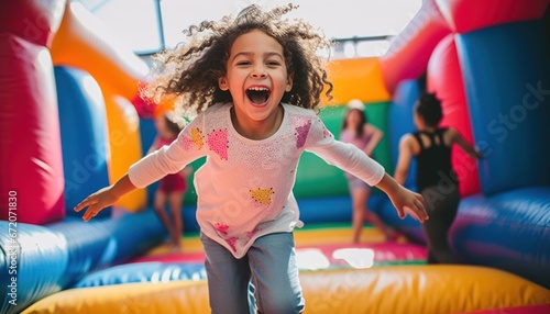 Photo of Jumping Joy: A Happy Girl Soaring on a Vibrant, Bouncy Castle