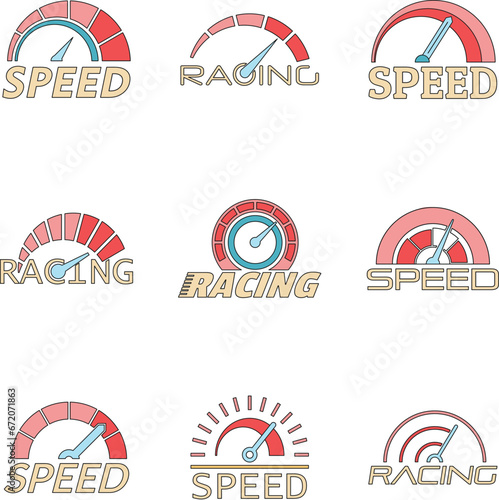 Speedometer level indicator logo set. Outline illustration of 9 speedometer level indicator vector logotypes thin line color flat on white