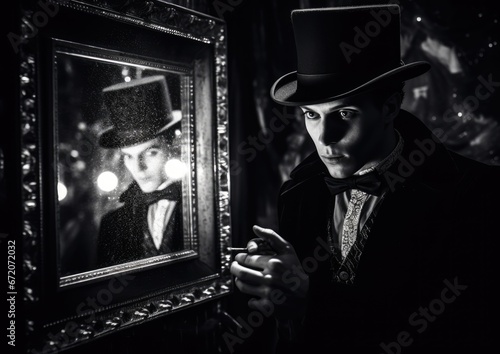 A black and white image of a magician's reflection in a mirror, with the camera capturing the
