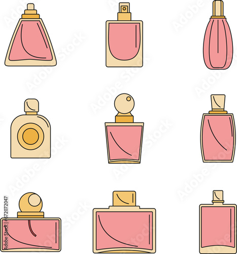 Fragrance bottles aroma flavor perfume icons set. Outline illustration of 9 fragrance bottles aroma flavor perfume vector icons thin line color flat on white