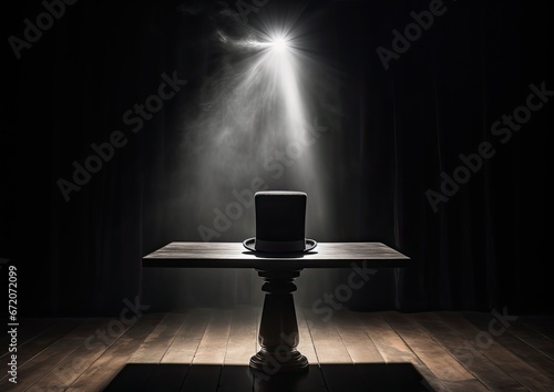 A black and white image of a magician's top hat, placed on a wooden table, with a single beam of