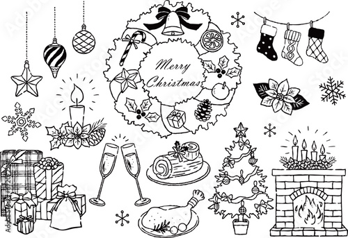 手描き　クリスマスイラストセット　モノクロ
