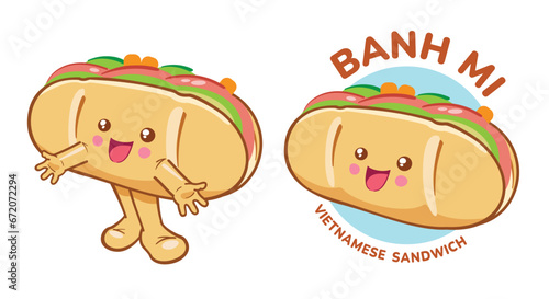 Cute cartoon character of Banh Mi, Vietnamese sandwich.

