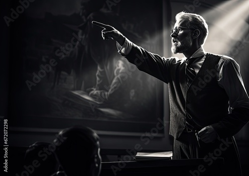 A black and white image of an educator passionately delivering a lecture, with high contrast and