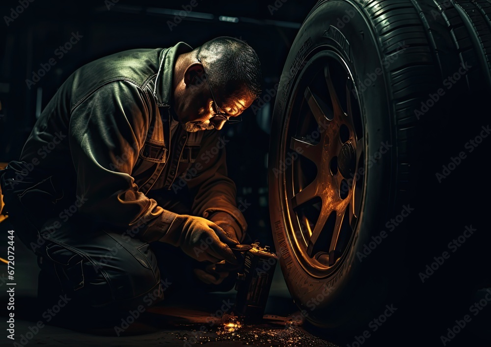 A cinematic shot of a mechanic using a pneumatic wrench to tighten bolts on a tire, with dramatic A cinematic shot of a mechanic using a pneumatic wrench to tighten bolts on a tire, with dramatic