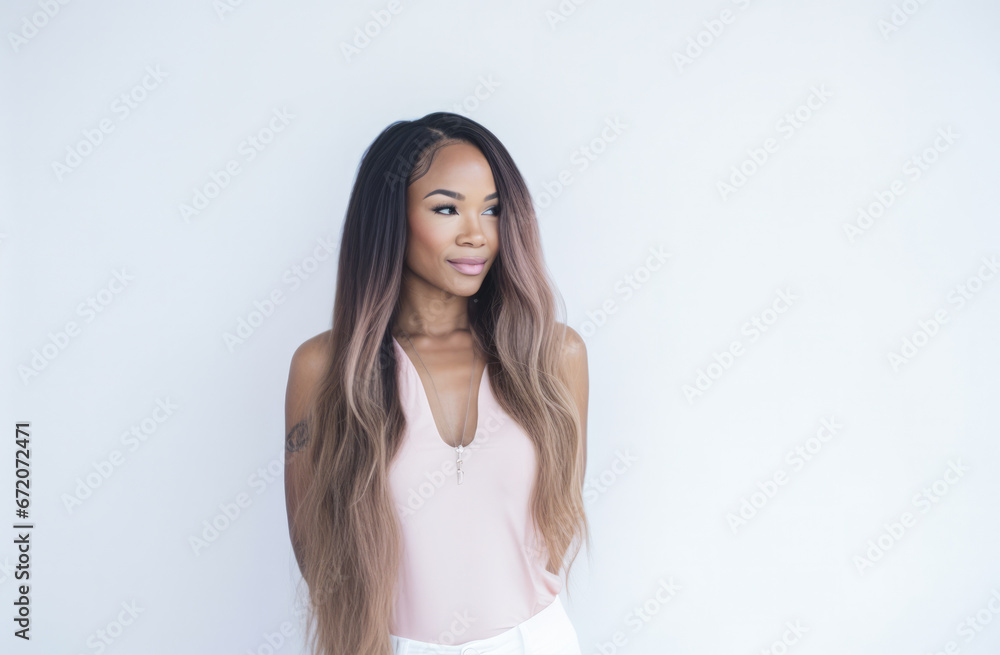 Portrait of a young beautiful African American woman with long curly hair Portrait of a young beautiful African American woman with long curly hair