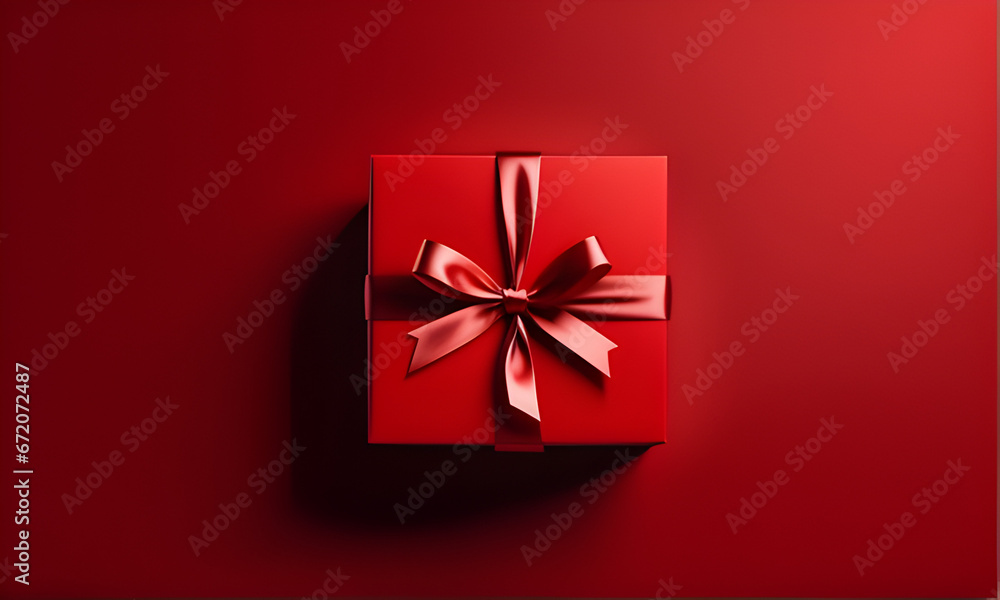 red 3D gift box with ribbon and bow on a red background in a minimalist style - obrazy, fototapety, plakaty 