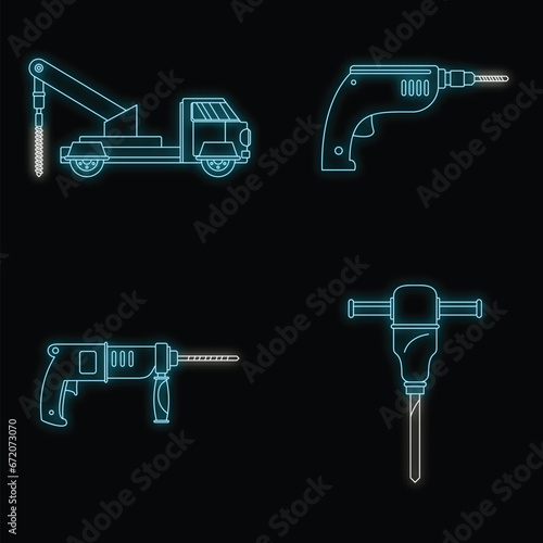 Drilling machine rig electric icons set. Outline illustration of 4 drilling machine rig electric vector icons neon color on black