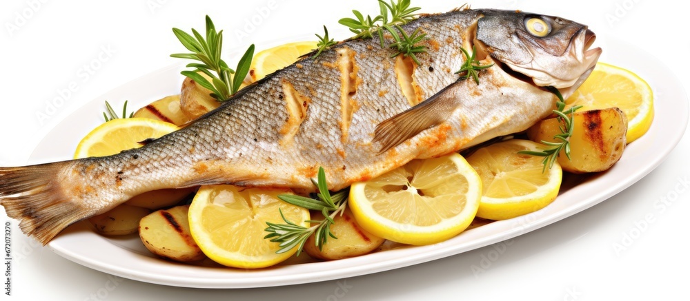 A dish consisting of fish that has been cooked in an oven accompanied by potatoes and flavored with lemon