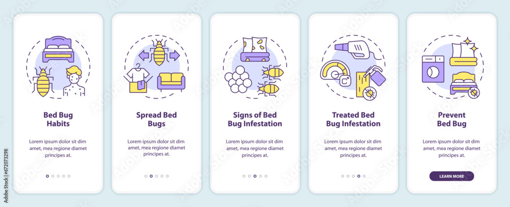 2D icons representing integrated pest management mobile app screen set. Walkthrough 5 steps multicolor graphic instructions with line icons concept, UI, UX, GUI template.