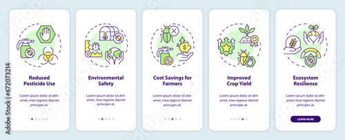 2D icons representing integrated pest management mobile app screen set. Walkthrough 5 steps multicolor graphic instructions with linear icons concept, UI, UX, GUI template.
