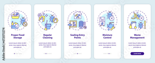 2D icons representing integrated pest management mobile app screen set. Walkthrough 5 steps colorful graphic instructions with line icons concept, UI, UX, GUI template.