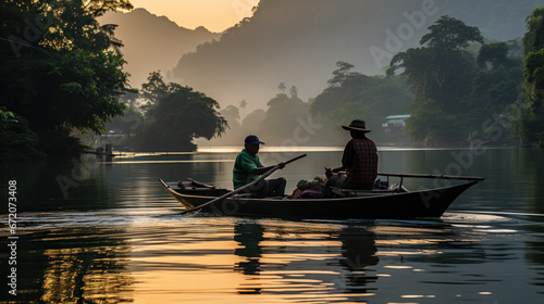 Boat in early morning sunshine at lake. Asian fisherman Thailand, Vietnam