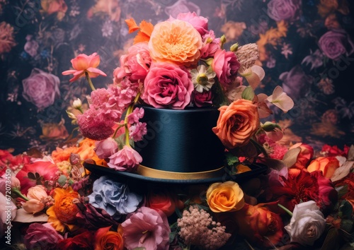 A close-up shot of a magician's hat, filled with colorful flowers, with the camera capturing the