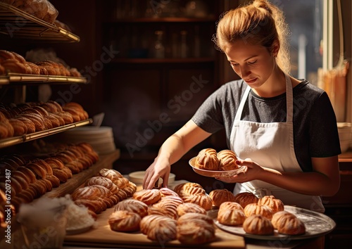 A close-up shot of a maid carefully arranging a display of freshly baked pastries, capturing the