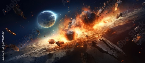 Illustration of a meteor impact abstractly represents the attack of an asteroid on a planet within the vast universe