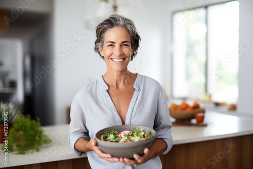 Aging woman smiling happily while holding a bowl with fresh salad.