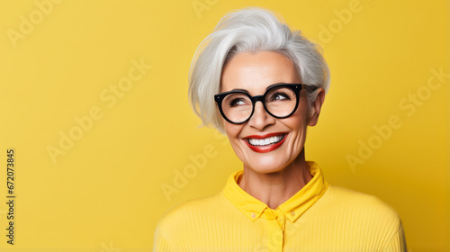 Beautiful and happy blond hair grandma looking at camera isolated on yellow background